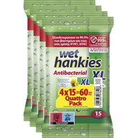 Product Wet Hankies Quattro Pack Antibacterial Wipes XL Lemon Wet Hand Wipes, 60 count (4x15 count) base image