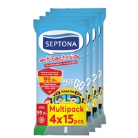 Product Septona Kids On The Go Αντιβακτηριδιακά Μαντηλάκια Καθαρισμού Χεριών με Φρουτένιο Άρωμα 60τμχ (4x15τμχ) base image