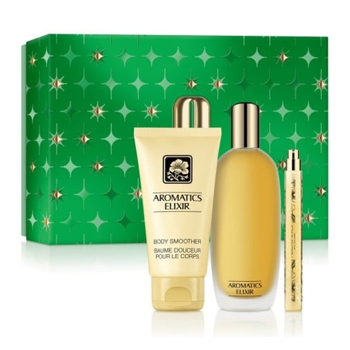 Product Clinique Women's Perfumed Gift Set Set: Aromatics Elixir Perfume Spray 100ml + Aromatics Elixir Body Smoother 75ml Travel Size + Aromatics Elixir Perfume Spray 10ml Travel Size base image
