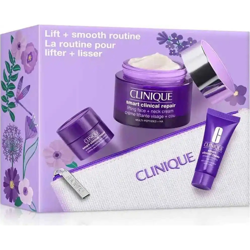 Product Clinique Lift+Smooth Routine Skincare Face Care Set: Clinique Smart Clinical Repair™ Lifting Face + Neck Cream 50 ml + Clinique Smart Clinical Repair™ Wrinkle Correcting Serum 10 ml + Clinique Smart Clinical Repair™ Wrinkle Correcting Eye Cream 5 ml + Toiletry Bag base image