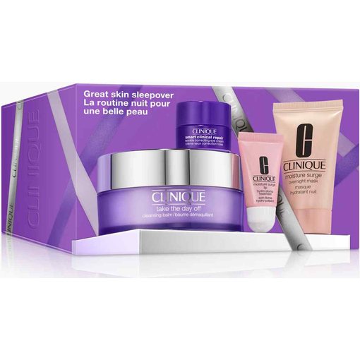 Product Clinique Great Skin Sleepover Skincare Set: Take The Day Off Cleansing Balm 125ml & Moisture Surge Overnight Mask 30ml & Moisture Surge Lip Hydro-Plump Treatment 7ml & Smart Clinical Repair Wrinkle Correcting Serum 5ml base image
