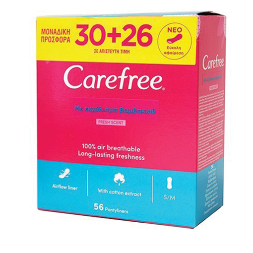 Product Carefree Σερβιετάκια Fresh Scent Με Εκχύλισμα Βαμβακιού S/M 30+26τμχ base image