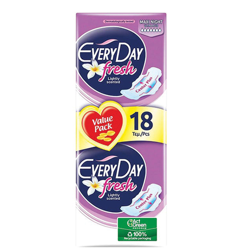 Product EveryDay Sensitive Fresh Maxi Night Ultra Plus Σερβιέτες με Φτερά 18τμχ base image