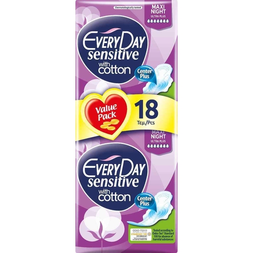 Product Every Day Ultra Plus Maxi Night Sensitive Σερβιέτες με Φτερά Economy 18τμχ base image
