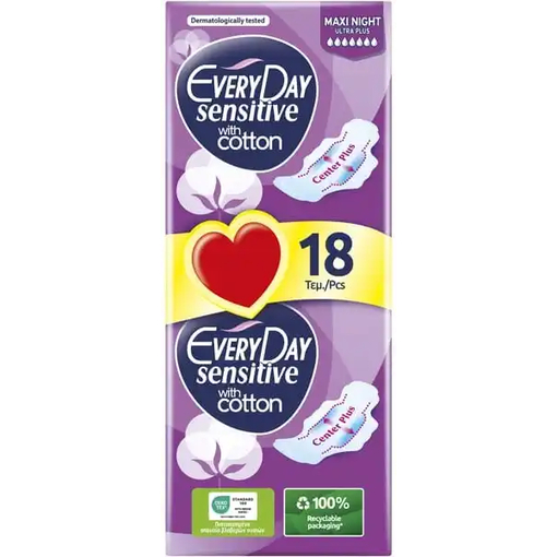 Product Every Day Ultra Plus Maxi Night Sensitive Pads with Wings Economy 18 pcs base image