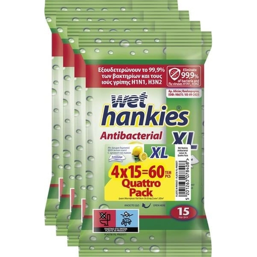 Product Wet Hankies Quattro Pack Antibacterial Wipes XL Lemon Wet Hand Wipes, 60 count (4x15 count) base image