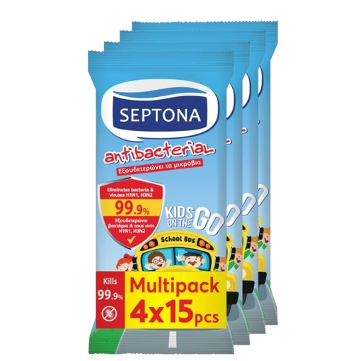 Product Septona Kids On The Go Αντιβακτηριδιακά Μαντηλάκια Καθαρισμού Χεριών με Φρουτένιο Άρωμα 60τμχ (4x15τμχ) base image