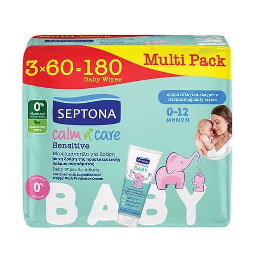Product Septona Calm n' Care Sensitive Baby Wipes Μωρομάντηλα για Ευαίσθητο Δέρμα με Αλόη Βέρα & Βιταμίνη Ε 3x60τεμ. base image