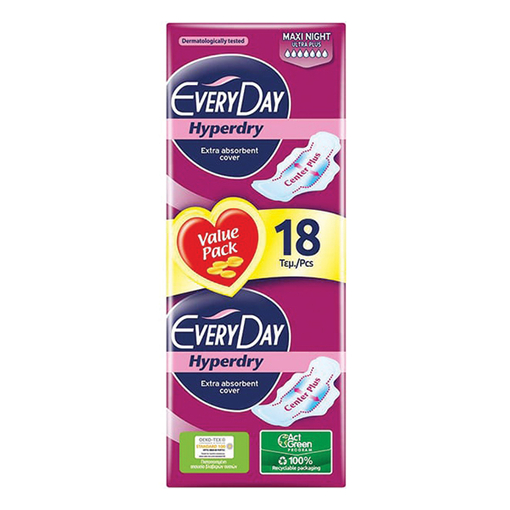 Product EveryDay Hyperdry Maxi Night Ultra Plus Σερβιέτες Μεγαλύτερου Μήκους με Φτερά 18τμχ base image