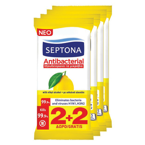 Product Septona Antibacterial Wipes Lemon 15τμχ 2+2 Δώρο base image