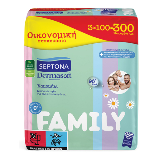 Product Septona Dermasoft Family Μωρομάντηλα για Όλη την Οικογένεια με Χαμομήλι 3x100τμχ base image