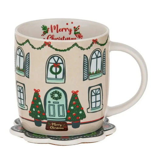 Product Ladelle Christmas Merry Christmass Beige/Green Porcelain Christmas Mugs with Coaster Set of 2 350ml base image