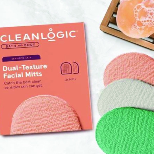 Product Cleanlogic Bath and Body Dual-Texture Facial Mitts Sensitive Skin Set of 3 Assorted Colors base image